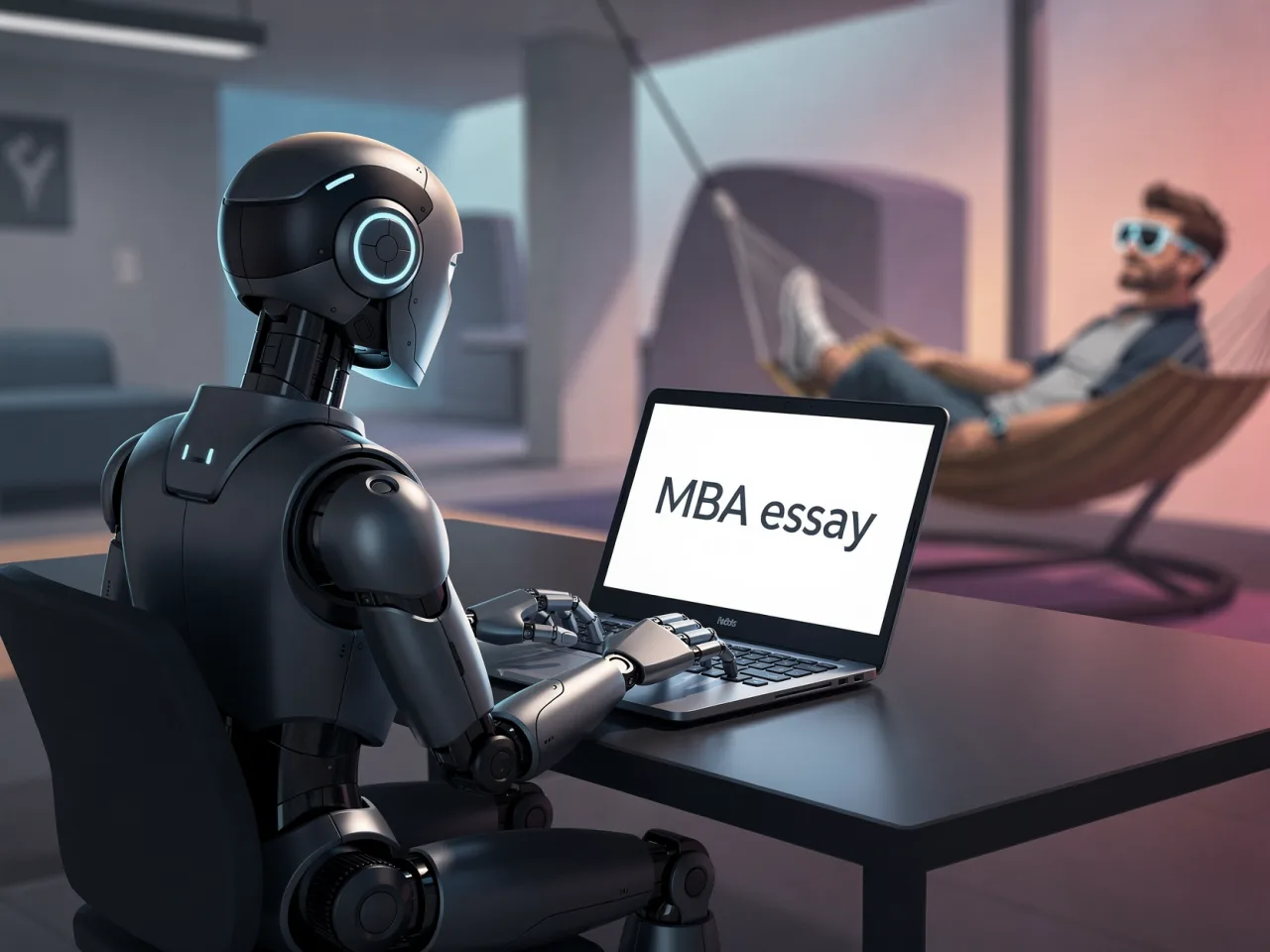 A robot types an MBA essay on a laptop while the applicant relaxes in a hammock behind it