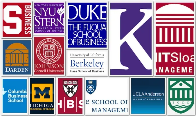 A collage of top MBA program logos, among them Harvard Business School, Stanford Business, Columbia Business School, Kellogg, MIT Sloan, Yale School of Management, Berkeley Haas, Michigan Ross, UCLA Anderson, NYU Stern, Duke Fuqua, Cornell Johnson and Darden